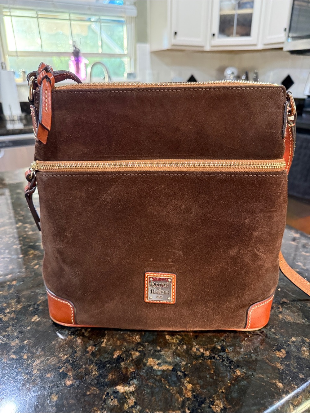 Dooney & Bourke Brown Suede Crossbody with Tan Leather Trim